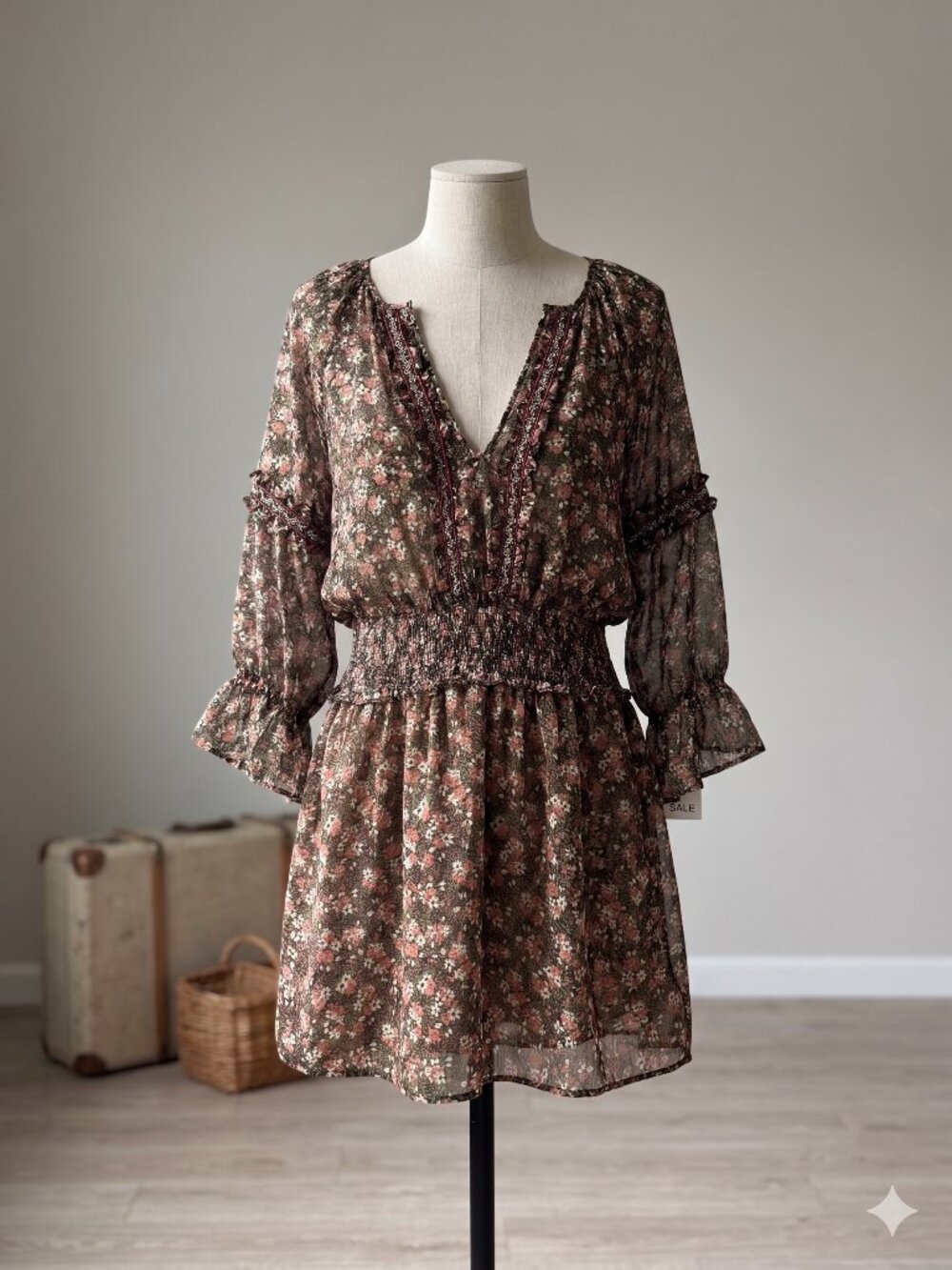 🌸 Zara Boho Sheer Floral Smocked Mini Dress Coral/Olive Bell Sleeve Smock Waist